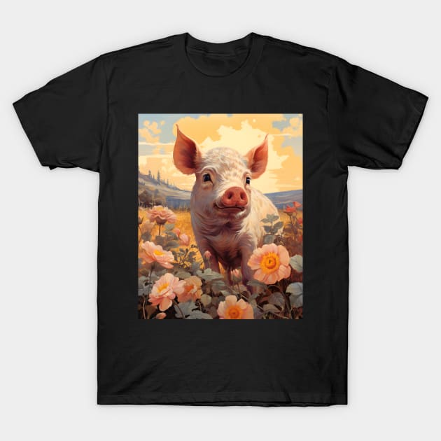 Retro Vintage Cute Pig in Field - Charming Artwork for Pig Lovers T-Shirt by The Whimsical Homestead